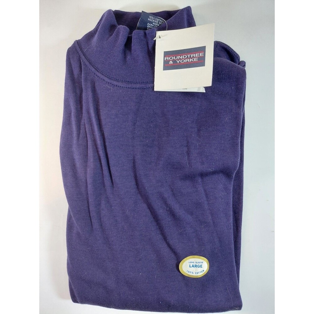 Roundtree & Yorke Men's Large L Long Sleeve Mock Neck T-Shirt Navy 100% Cotton